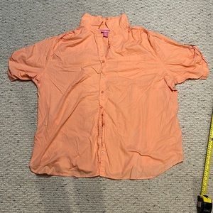 Woman within 3x button up t shirt. Coral/orange